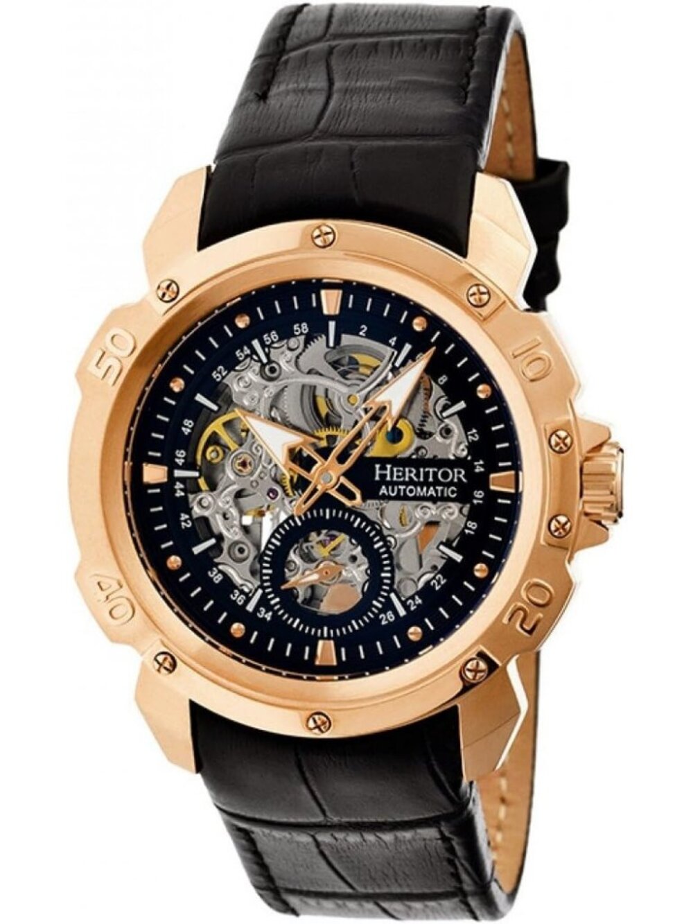 Men's Rose Gold Skeleton Automatic Movement Leather Strap Crystal Wrist Watches